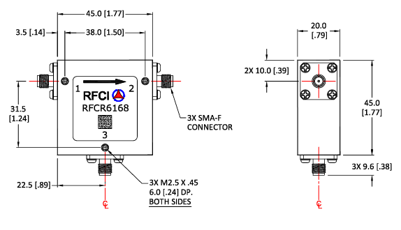 RFCI RFCR6168射頻微波環(huán)行器尺寸圖