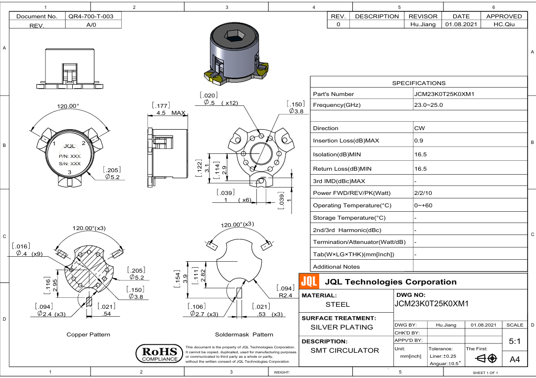 JQL 23-25GHz表面貼裝環(huán)行器JCM23K0T25K0XM1 JQL 23-25GHz表面貼裝環(huán)行器JCM23K0T25K0XM1